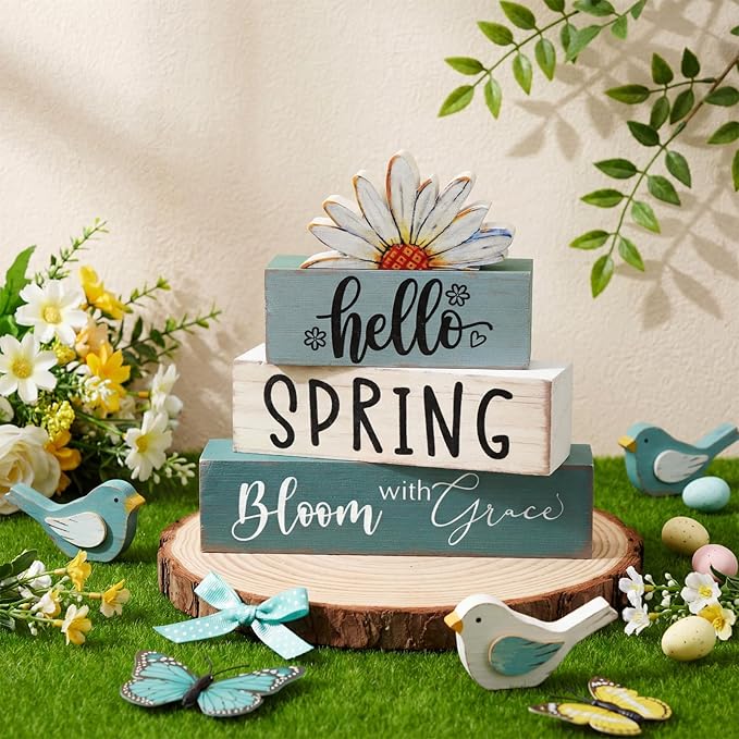 Amyhill Hello Spring Decoration Easter Home Decoration Daisy Table Wooden Sign Spring Easter Centerpiece Pastel Wooden Block for Farmhouse Shelf Office Tabletop Decor