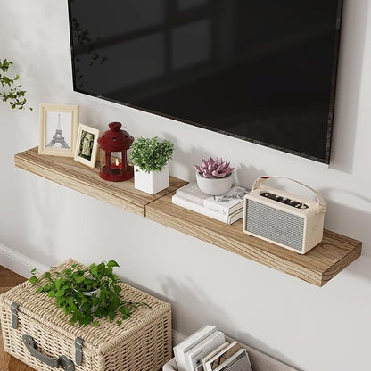 Axeman Floating Shelves, 2 Pack 8 Inch Deep Modern Solid Wood Wall Shelves for Storage, Wall Mounted Display Shelving with Invisible Heavy-Duty Metal Bracket, 24" W x 8" D x 1.6" H, Light Carbonized