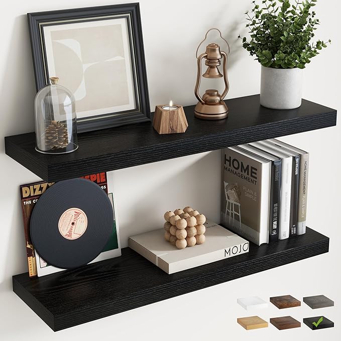 32 Inch Floating Shelves for Wall Set of 2, 8"D Wood Grain Bathroom Shelves with Invisible Brackets, Easy Install Engineered Wood Storage Shelves for Kitchen, Living Room, Bedroom, Black Finish