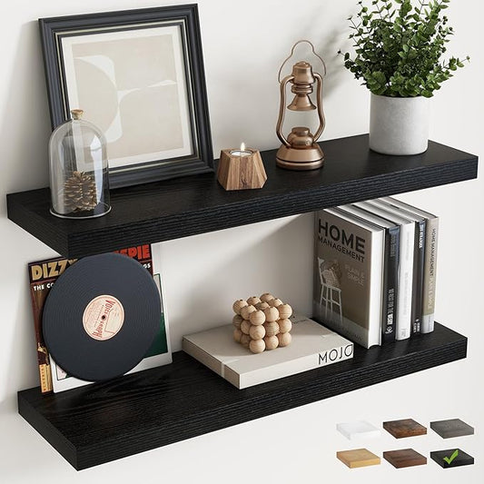 32 Inch Floating Shelves for Wall Set of 2, 8"D Wood Grain Bathroom Shelves with Invisible Brackets, Easy Install Engineered Wood Storage Shelves for Kitchen, Living Room, Bedroom, Black Finish