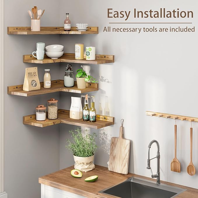 4 Tier Floating Corner Shelves Set of 4, Rustic Pine Wood Floating Corner Wall Shelf for Wall Décor Storage, L Shaped Corner Shelf Wall Mount for Bedroom,Living Room,Bathroom,Kitchen,Carbonized Black.