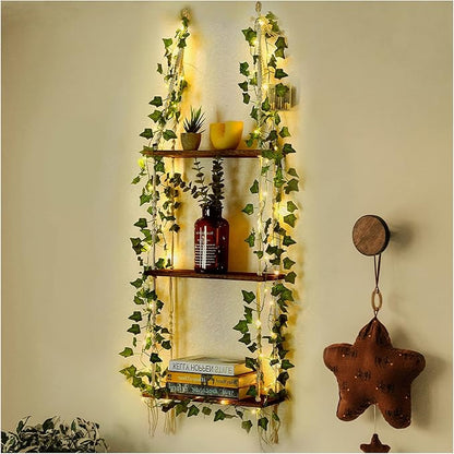 Hanging Shelf with Vine Lights, Macrame Plant Wall Shelf, Wall Storage with Handmade Woven Ropes, 3 Tier Floating Shelf, Boho Room Decor Aesthetic for Succulents, Bedroom, Living Room, Bathroom