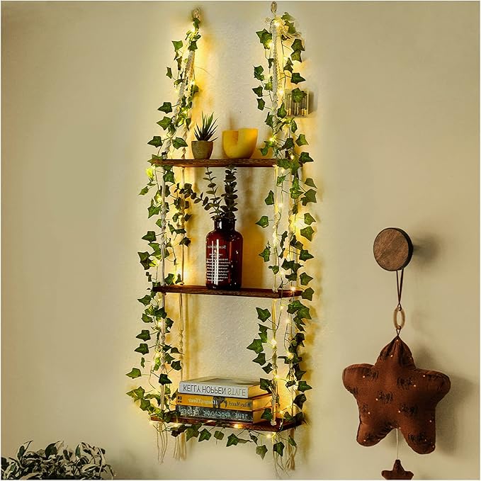 Hanging Shelf with Vine Lights(USB Powered), Macrame Shelf, Wall Shelf with Handmade Ropes, 3 Tier Floating Shelf, Boho Room Decor Aesthetic for Succulents, Bedroom, Living Room, Bathroom