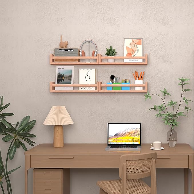 Nursery Shelves, Floating Bookshelves for Wall Set of 4, Baby Nursery Decor, Solid Wood Wall Mounted Shelves for Books (Natural Wood)