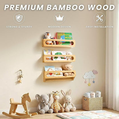 Nursery Book Shelves, Premium Bamboo Wood, Fully Assembled - Nursery Decor, Book Shelf for Kids Rooms, Multi-Use Floating Shelves for Wall with Hanger Bar, Set of 3 (Natural, 16.5 Inches)
