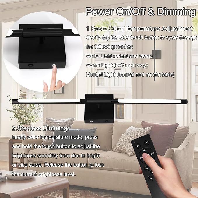 28 Inch Wall Sconces Set of 2 Battery Operated,10000mAh Black LED Wireless USB Rechargeable Wall Lights with Remote Control,360° Rotation LED Dimmable Picture Lamp for Living Room,Bedroom.