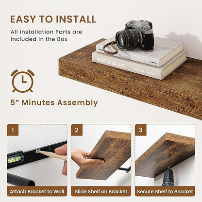 fuqing Floating Shelves for Wall, Wall Mounted Wood Floating Shelf with Invisible Brackets for Living Room, Bathroom, Bedroom, Kitchen Storage and Decor, 20 Inch Set of 2, Rustic Brown