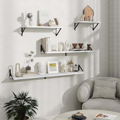 Floating Shelves, 8 Inch Deep Rustic Wood Wall Storage, 16W x 8D Wall Shelves Set of 2, Heavy Duty Metal Brackets, Industrial Book Shelf for Living Room, Kitchen, Bathroom, Bedroom, White