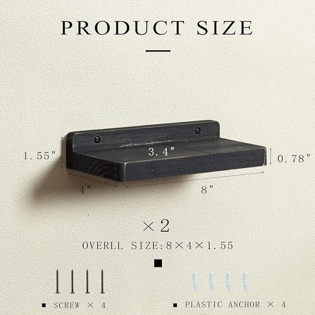 Freezing point Small Floating Shelf for Wall Set of 2 Natural Wood 8Inch Mini Wall Shelves Decor Plant Display Collectibles Mounted Kitchen Bathroom Bedroom Corner Decorative Storage Tiny Stand Black