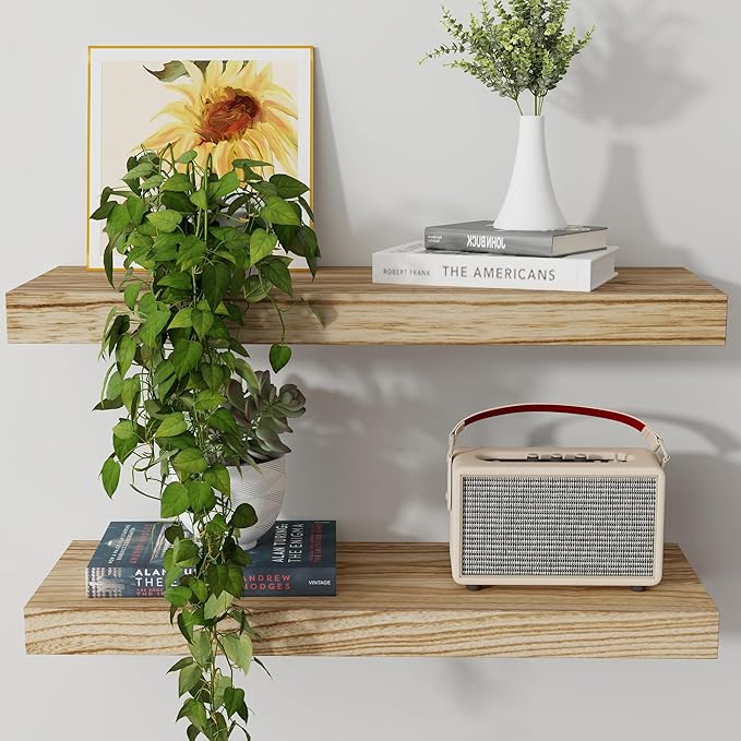 Axeman Floating Shelves, 2 Pack 8 Inch Deep Modern Solid Wood Wall Shelves for Storage, Wall Mounted Display Shelving with Invisible Heavy-Duty Metal Bracket, 24