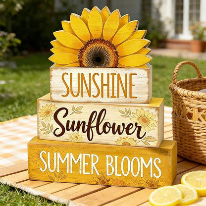 4 Pcs Sunflower Decor Faux Book Stack Blocks Farmhouse Tiered Tray Decor Summer Decorations for Home Kitchen Table Rustic Sunflower Kitchen Decor
