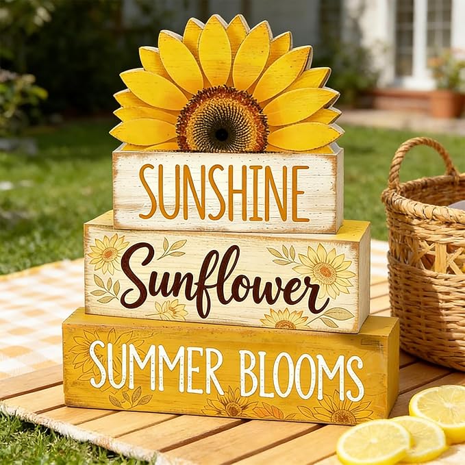 4 Pcs Sunflower Decor Faux Book Stack Blocks Farmhouse Tiered Tray Decor Summer Decorations for Home Kitchen Table Rustic Sunflower Kitchen Decor