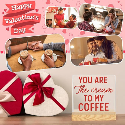 Valentines Coffee Desk Decor, Valentine's Day Gifts for Lover Bar Station, Valentine Home Office Table Sign for Kitchen Shelf Tiered Tray, Cafe Tabletop Decoration to Couples, Cream To My Coffee