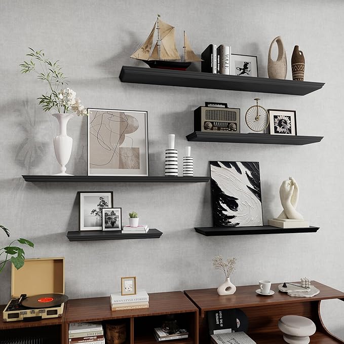 Fun Memories Floating Shelves 40 Inch Long, 9.3 Inch Deep Classic Crown Molding Floating Shelves for Wall, Rustic Wooden Shelves for Wall Decor Bathroom, Kitchen, Office, (Black, 1Pack)
