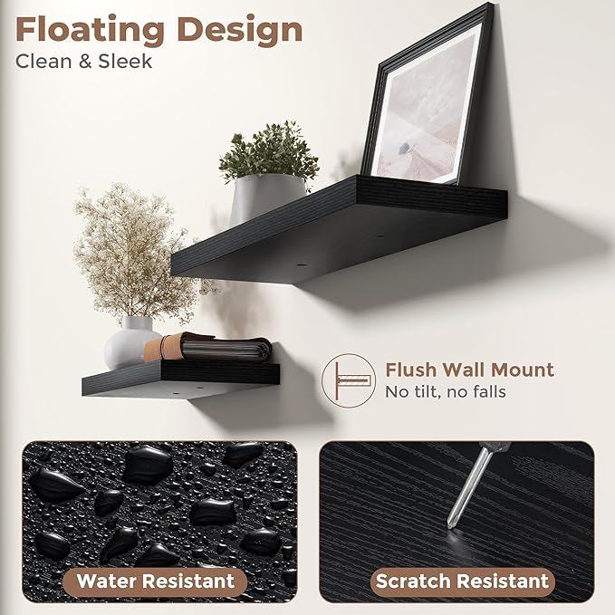 8 Inch Square Floating Shelves for Wall 3 Pack, 8"D Wood Grain Bathroom Shelves with Invisible Brackets, Easy Install Engineered Wood Storage Shelves for Kitchen, Living Room, Bedroom, Black Finish