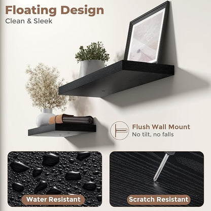 8 Inch Square Floating Shelves for Wall 3 Pack, 8"D Wood Grain Bathroom Shelves with Invisible Brackets, Easy Install Engineered Wood Storage Shelves for Kitchen, Living Room, Bedroom, Black Finish