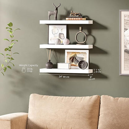 Ballucci Floating Shelves for Wall, 24" Wood Wall Shelf Set of 3, Invisible Brackets Floating Shelf, Decor Living Room, Bathroom, Bedroom, Kitchen, 6" Depth, White