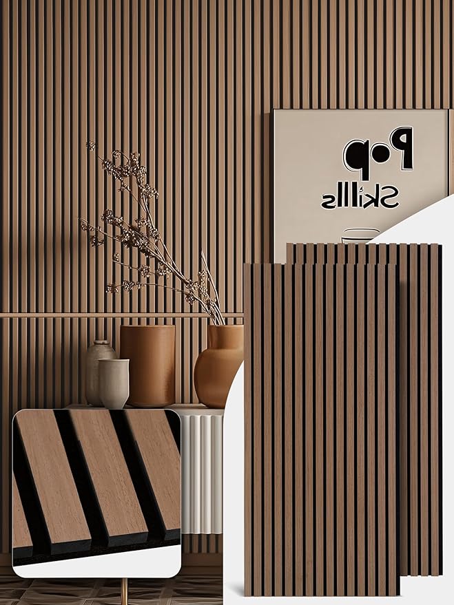 Mollywell Wood Panels for Wall, Time-Saving Installation, Versatile Wood Slat Wall Decor, Enhanced Acoustic & Sound Proof Fluted Design for Home & Office, 2 Pcs Teak, 47.2x23.6 Inch