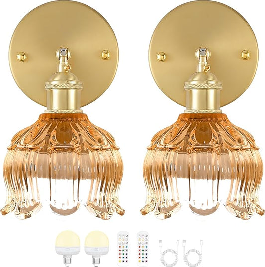 Vintage Battery Wall Sconce with Flower lampshade,Rechargeable Battery Powered Wall Lights,Wall lamp with 15 Colors for Bedroom Living Room Home Decor (Flower Amber, 2 Light Battery Operated)