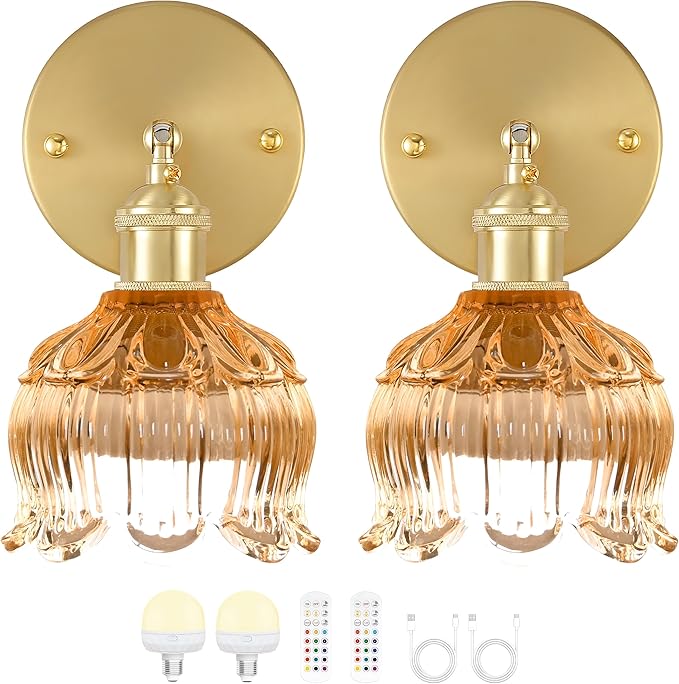 Vintage Battery Wall Sconce with Flower lampshade,Rechargeable Battery Powered Wall Lights,Wall lamp with 15 Colors for Bedroom Living Room Home Decor (Flower Amber, 2 Light Battery Operated)