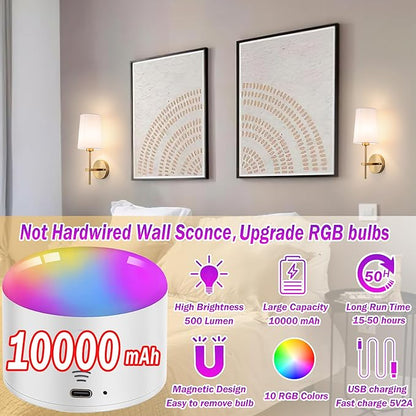 Battery Operated Wall Sconce Set of 2, Wireless Dimmable Battery Powered Wall Lamp with Remote Control,battery Wall Light with White Fabric Shade for Bedroom,Easy To Install,3 Color Temp Bulb Included