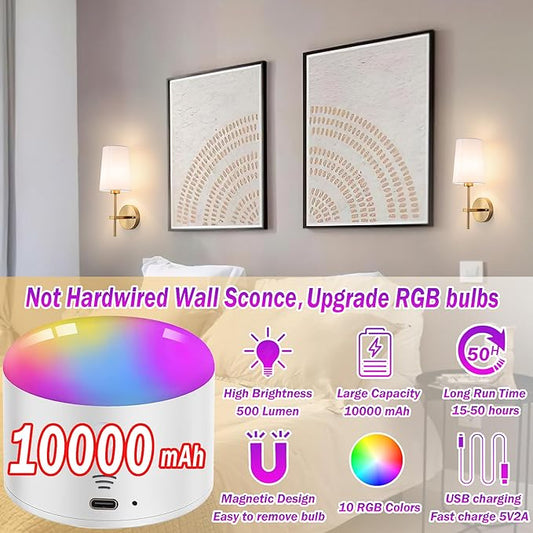Battery Operated Wall Sconce Set of 2, Wireless Dimmable Battery Powered Wall Lamp with Remote Control,battery Wall Light with White Fabric Shade for Bedroom,Easy To Install,3 Color Temp Bulb Included