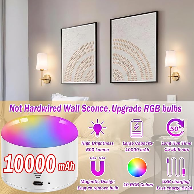 Battery Operated Wall Sconce Set of 2, Wireless Dimmable Battery Powered Wall Lamp with Remote Control,battery Wall Light with White Fabric Shade for Bedroom,Easy To Install,3 Color Temp Bulb Included