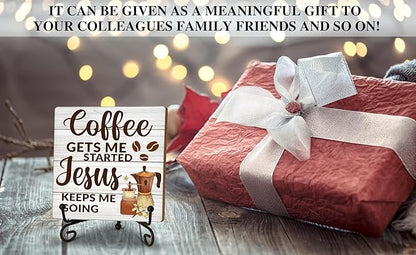 Coffee Gets Started Jesus Keeps Me Going Wood Plaque Sign With Stand, Christian Quote Desk Sign Decor for Farmhouse Home Kitchen Coffee Bar Table Shelf, Motivational Gifts for Women Man Friends