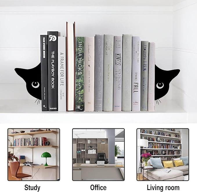 Bookends Metal Cat Book Ends, 1 Pairs Cute Bookends for Shelves Decorative for Home Office Desk Bookshelf Decor (Black, Half-face)