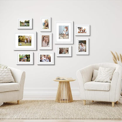 Picture Frames, Made of Real Glass and Wooden Frame, Gallery Photo Frames Set of 10 for Collage Wall Decor, Multi Sizes Including 8x10, 5x7, 4x6 for Mounting or Tabletop Display, White