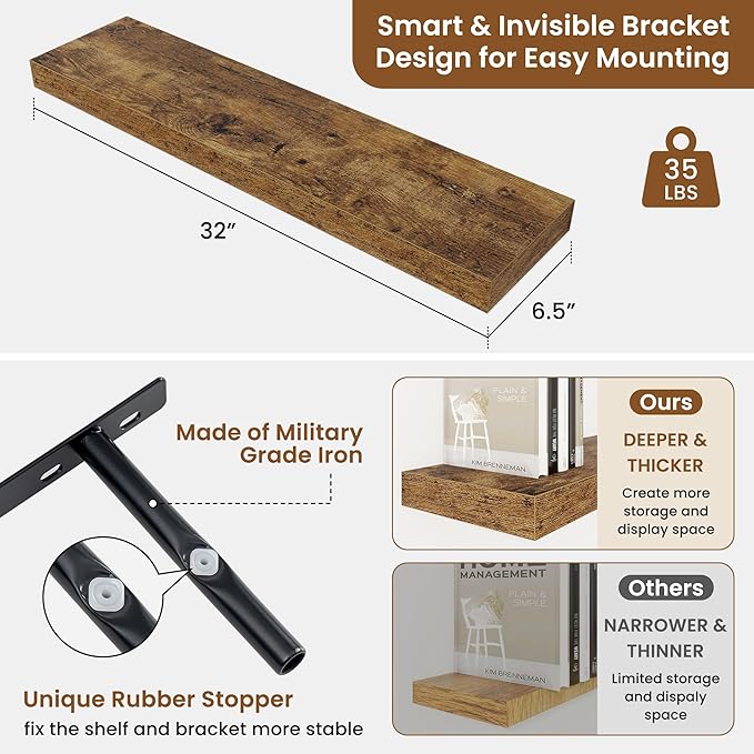 fuqing Floating Shelves for Wall, Wall Mounted Wood Floating Shelf with Invisible Brackets for Living Room, Bathroom, Bedroom, Kitchen Storage and Decor, 32 Inch Set of 2, Rustic Brown