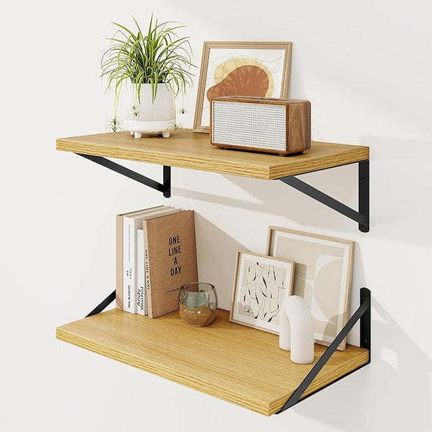 Floating Shelves, 12 Inch Deep Rustic Wood Wall Storage, 24W x 12D Wall Shelves Set of 2, Heavy Duty Metal Brackets, Large Industrial Book Shelf for Living Room, Kitchen, Bedroom, Oak