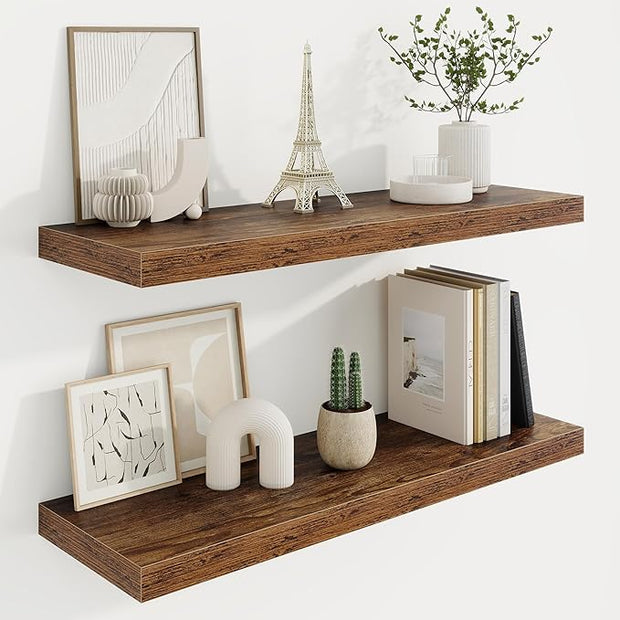 Marsmiles 30in Floating Shelves for Wall, 30" W x 9.25" D x 1.25" H, 2 Pack Long Wall Mounted Engineered Wood Shelves with Invisible Brackets for Living Room, Bedroom, Bathroom, Kitchen, Rustic Brown