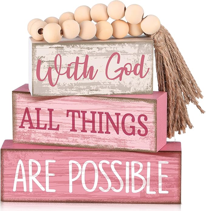 4 Pcs Christian Table Decor Pink Rustic Wooden Block Sign Set with God All Things are Possible Farmhouse Stacked Decor with Beaded Garland Tassel Christian Home Decors for Office, Shelf
