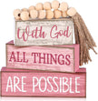 4 Pcs Christian Table Decor Pink Rustic Wooden Block Sign Set with God All Things are Possible Farmhouse Stacked Decor with Beaded Garland Tassel Christian Home Decors for Office, Shelf