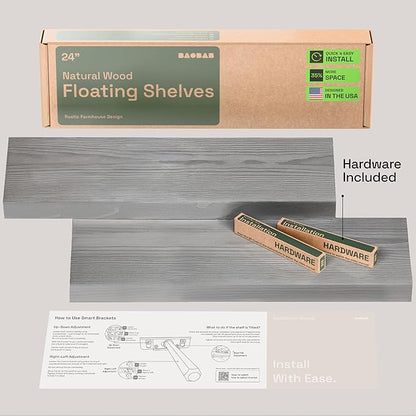 BAOBAB WORKSHOP Wood Floating Shelves for Wall - Rustic Shelf 24 inch - Grey Bathroom Shelves - Solid Wood Shelves for Wall for Bedroom Kitchen Living Room - Gray Finish - 24 x 6.7 Inch, Set of 2