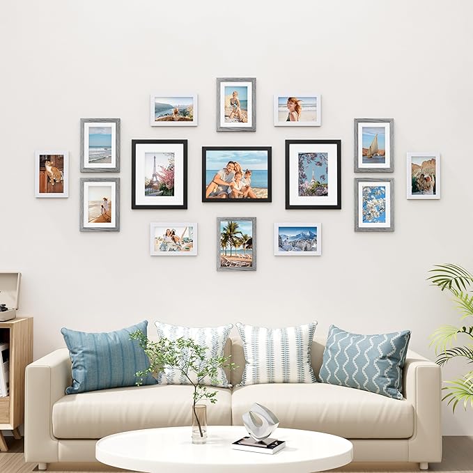Vittanly 15 Pack Picture Frames Collage Wall Decor, Multi Sizes Including 3pcs 8x10, 6pcs 5x7 and 6pcs 4x6 Photo Frames, Gallery Frame Set for Wall or Tabletop Display, Black, Grey and White