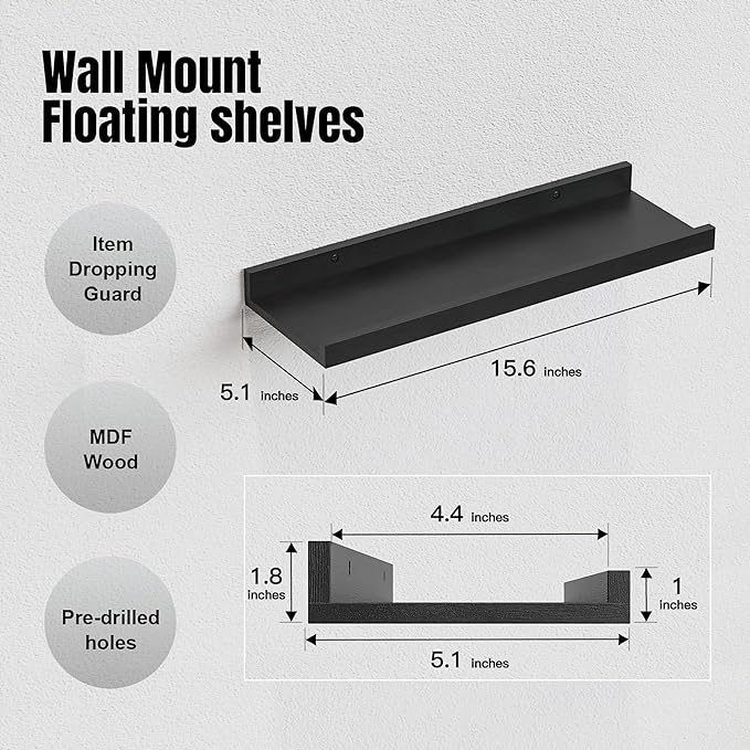 RICHER HOUSE 5 Set Floating Wall Mounted Shelves, Black Shelves for Wall Decor, Modern Picture Ledge Shelf with Lip for Storage, Nursery, Bedroom, Living Room, Bathroom - Black