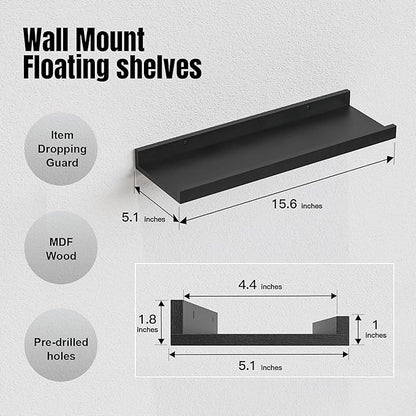RICHER HOUSE 5 Set Floating Wall Mounted Shelves, Black Shelves for Wall Decor, Modern Picture Ledge Shelf with Lip for Storage, Nursery, Bedroom, Living Room, Bathroom - Black (Pack of 2)