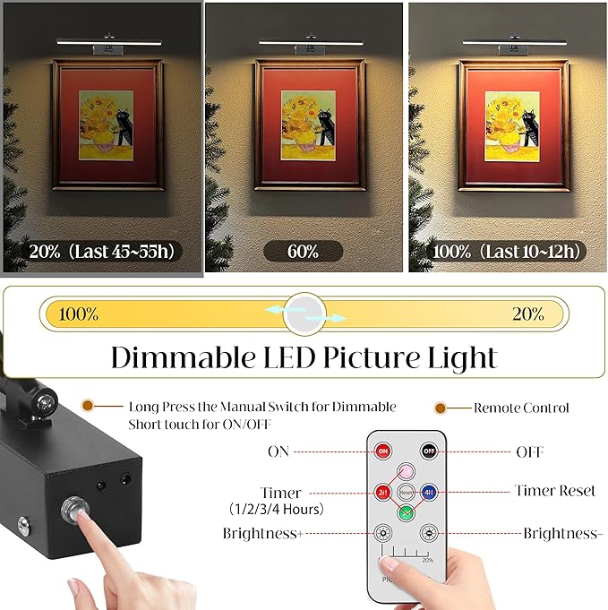 Battery Picture Light, 5200mAh Rechargeable Picture Lights with Remote Timer & Dimmable, CRI95+ 16" Adjustable Art Light for Paintings Display, Frame, Gallery, Wall Art Accent Light, Black