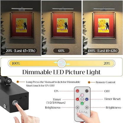 Battery Picture Light, 5200mAh Rechargeable Picture Lights with Remote Timer & Dimmable, CRI95+ 16" Adjustable Art Light for Paintings Display, Frame, Gallery, Wall Art Accent Light, Black