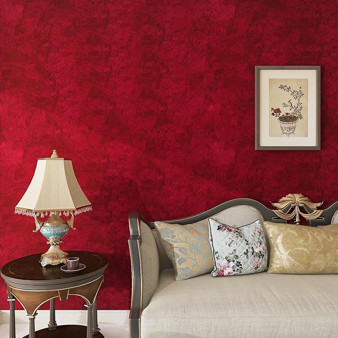 LaCheery Dark Red Velvet Wallpaper Peel and Stick Burgundy Wallpaper for Bedroom Flocked Velvet Wallpaper Red Fabric Wall Paper Textured Felt Liner Contact Paper for Drawers Jewelry Box Wall 15.8