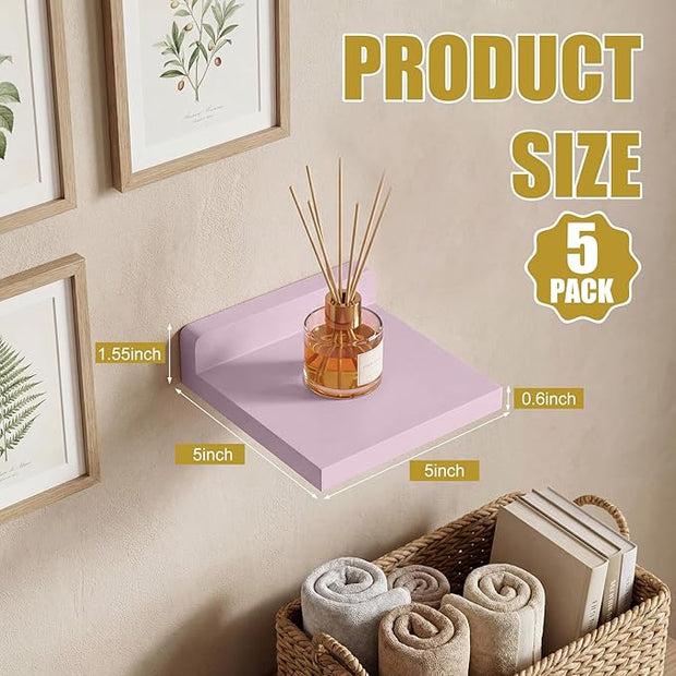 Novabright 5 Pack Small Floating Shelves Mini Shelves Hanging Display 5 Inch Wood Wall Shelf for Plant Bathroom Livingroom Bedroom with 2 Types of Installation Nursery Decor(Macaron)