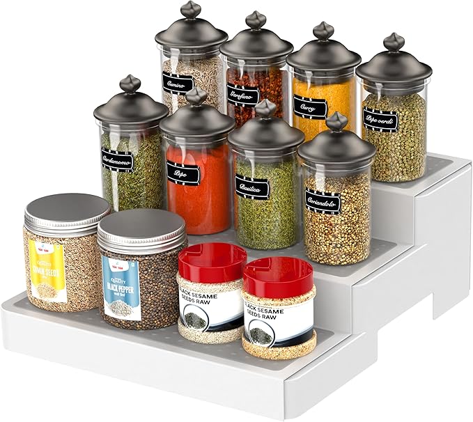 YAN & HIN Expandable Spice Rack Organizer for Cabinet (2 Pack), 3-Tier Tiered Spice Shelf Organizer with Non-Skid Surface, Adjustable Pantry Organizer for Spices, Cans & Medicine Cabinet