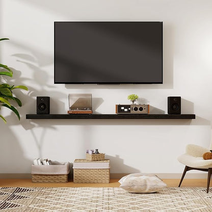 72 Inch Floating Shelves | 6.5 Inch Deep Black Floating Shelves Set of 2 | 72" W x 6.5" D Rustic Black Wood Wall Shelves with Invisible Brackets for Bathroom Living Room Bedroom