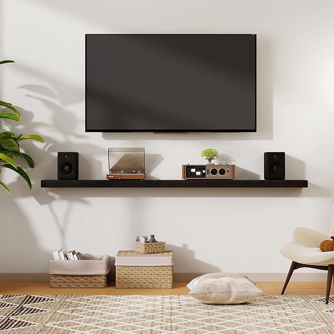 55 Inch Floating Shelves | 6.5 Inch Deep Black Floating Shelves Set of 2 | 55" W x 6.5" D Rustic Black Wood Wall Shelves with Invisible Brackets for Bathroom Living Room Bedroom
