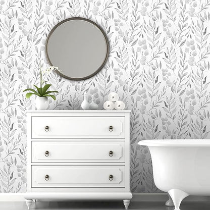 WENMER Gray Leaf Wallpaper Floral Peel and Stick Wallpaper 17.7" x 708" Self Adhesive Watercolor Leaves Wall Paper Removable Floral Contact Paper for Cabinets Wall Decor