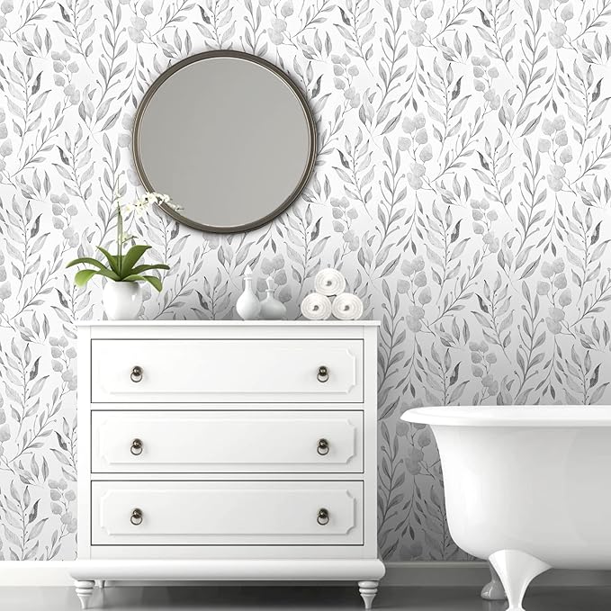 WENMER Gray Leaf Wallpaper Floral Peel and Stick Wallpaper 17.7