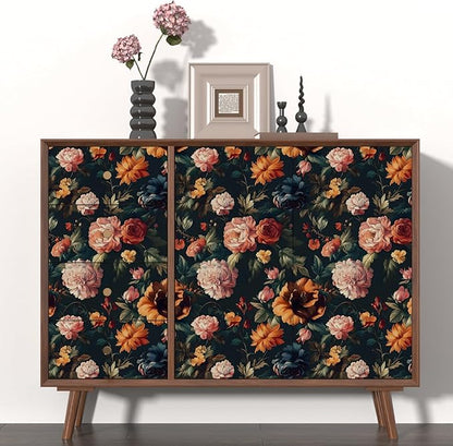 Colorful Floral Peel and Stick Wallpaper Gothic Dark Contact Paper Orange Flower Vintage Wall Mural for Bedroom Bathroom Vinyl Waterproof Self Adhesive Removable Renter Dorm Wall Paper 17.5" x 118"