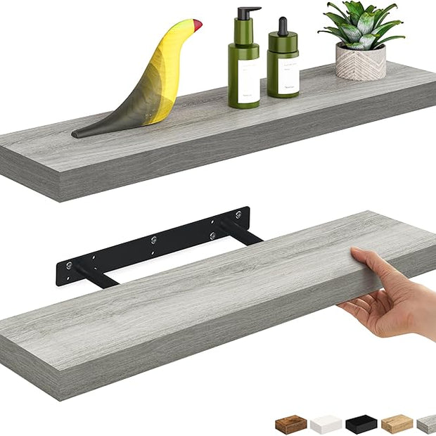 Ballucci Floating Shelves, 24" Wood Wall Shelf Set of 2, with Invisible Brackets for Bathroom, Living Room, Bedroom, Kitchen, Nursery, 6" Deep, Rustic Gray